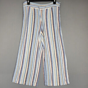 Per Se Pants Womens Medium Blue White Striped Linen Blend Wide Beachy Boho
